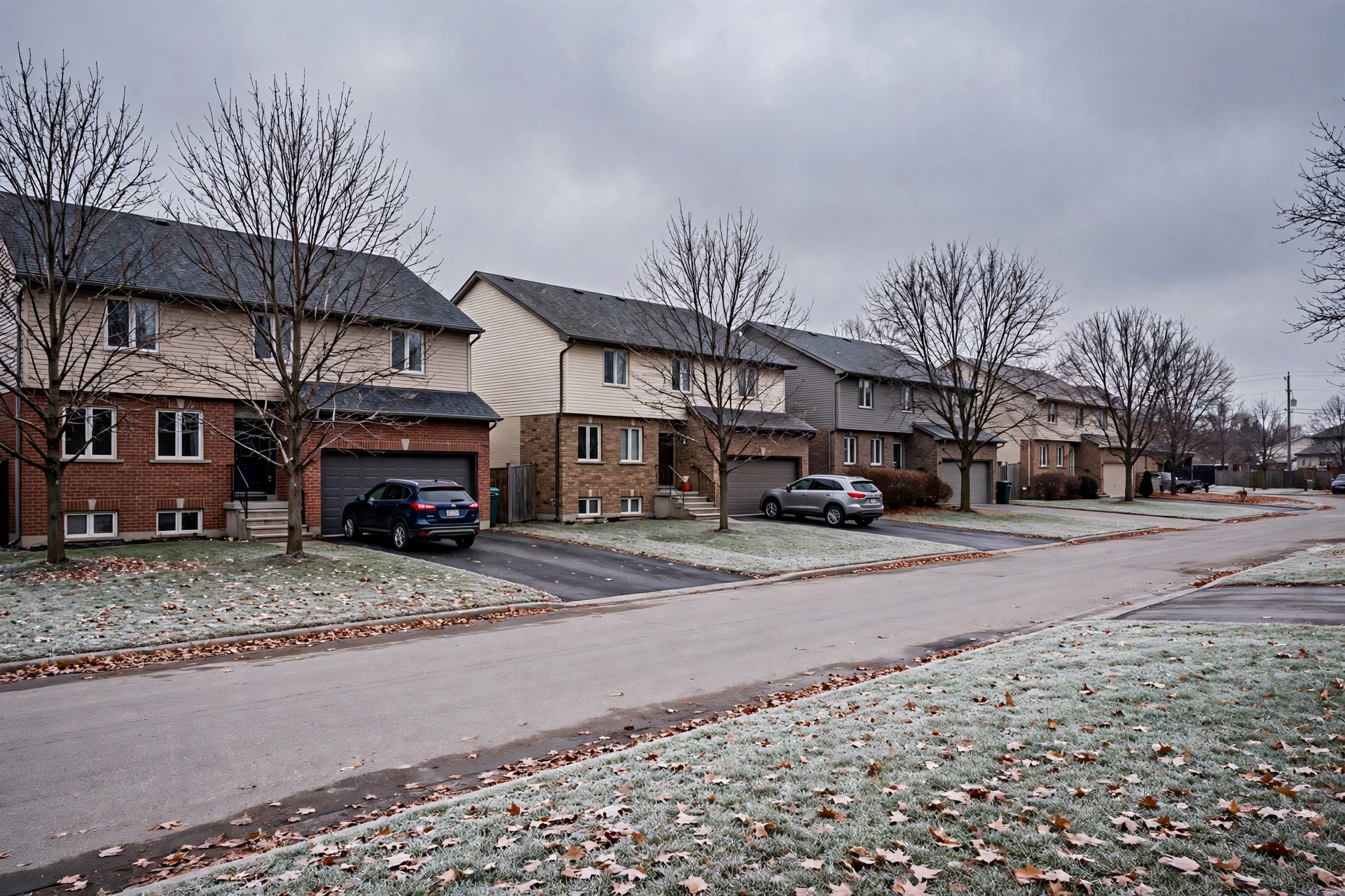 Brick and siding homes in a Bramalea neighbourhood in Brampton in late fall with bare trees and frost on lawns