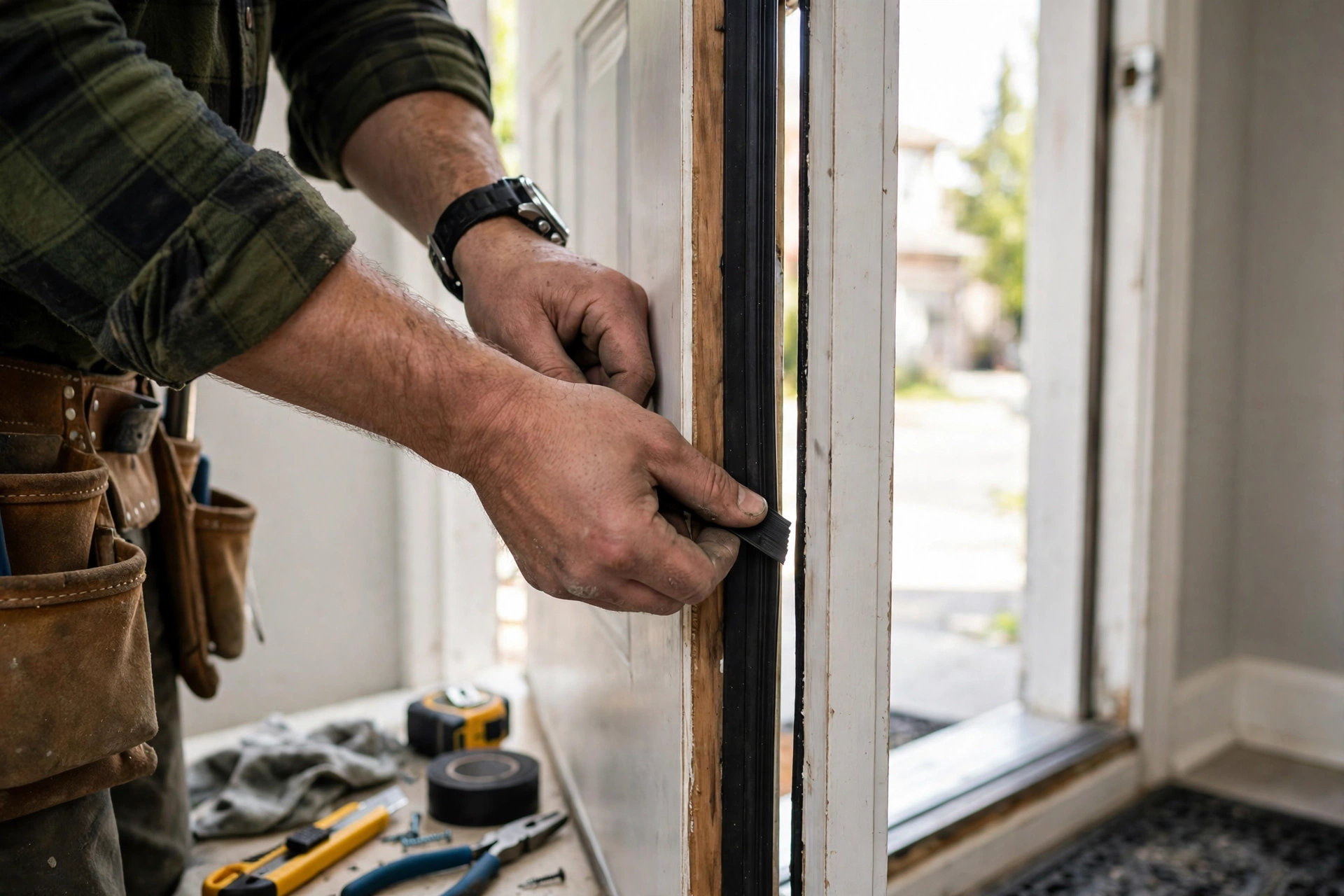 Handyman fitting new weather stripping around a front door in a Brampton home to stop winter drafts