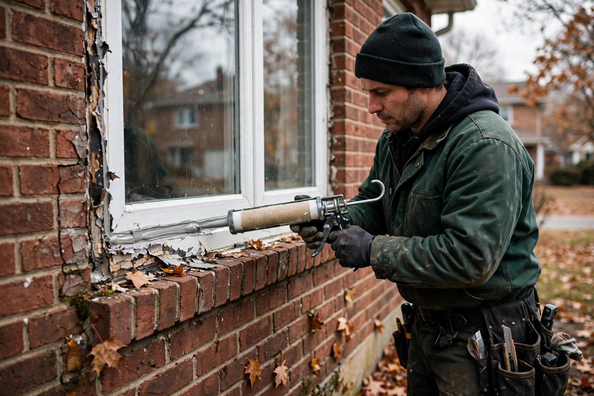 Handyman applying fresh exterior caulking around a window on a Brampton brick home before winter