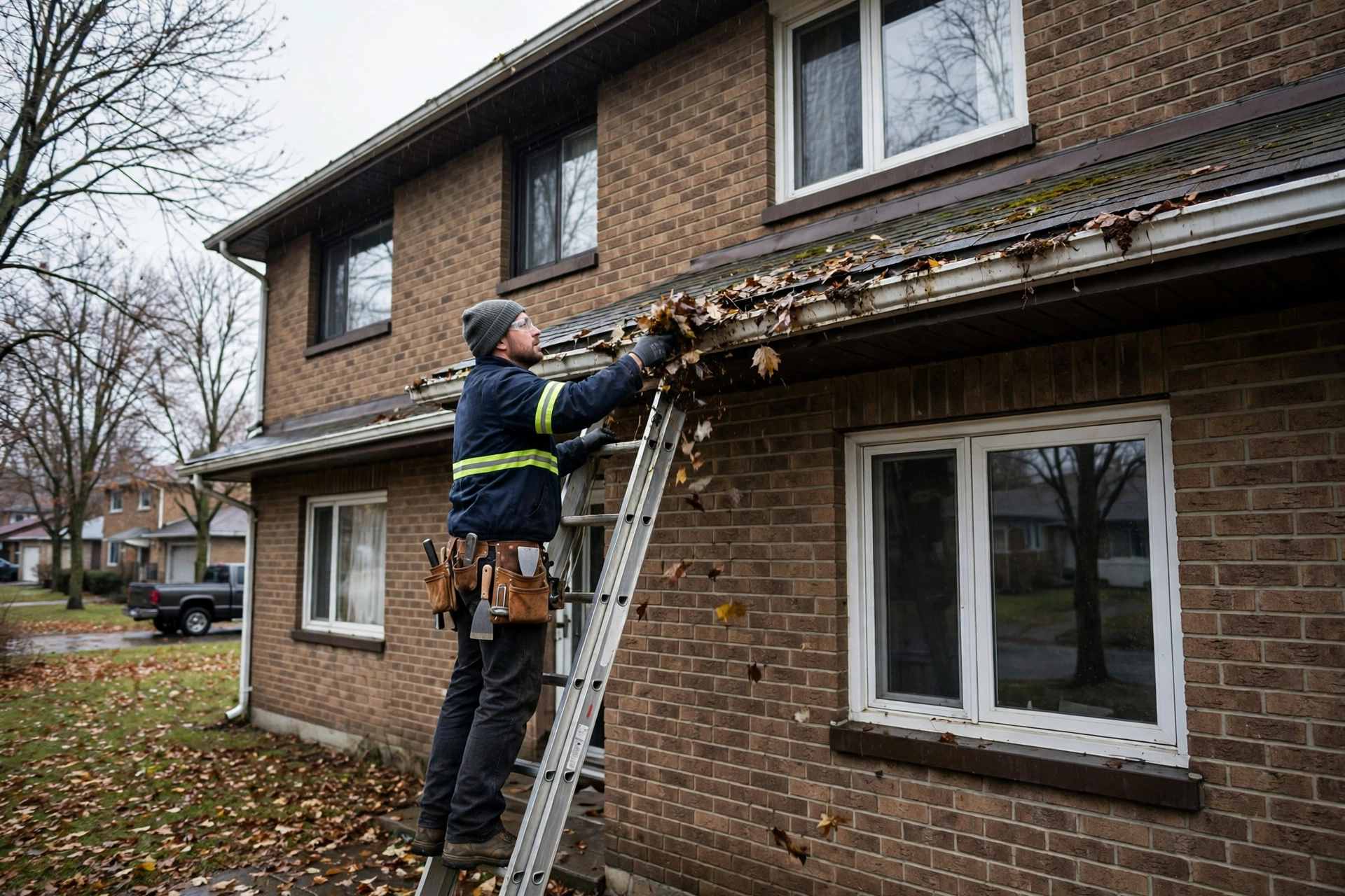 Handyman clearing wet leaves from eavestroughs on a two-storey brick home in Bramalea, Brampton in late fall